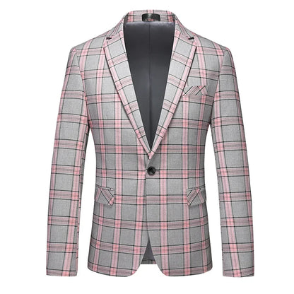 2026 New Men's Pink-Red Striped Suit Jacket, Fashion Slim Plaid Dress Coat, Red Purple Gray Blazers, Asian Size Terno Masculino
