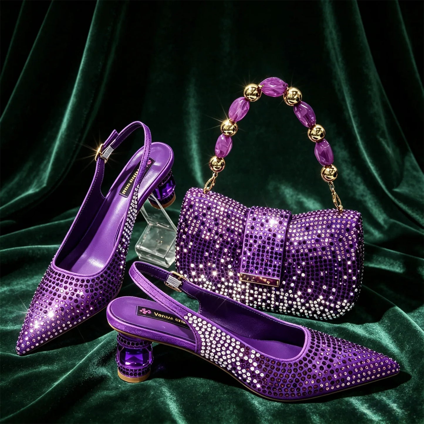 Emerald Green Rhinestone Heels & Bag Set Crystal Slingback Pumps with Matching Handbag for Wedding Party
