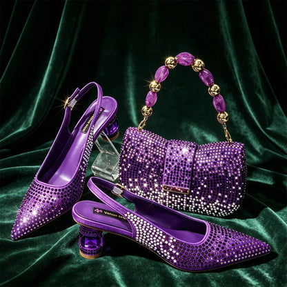 Emerald Green Rhinestone Heels & Bag Set Crystal Slingback Pumps with Matching Handbag for Wedding Party