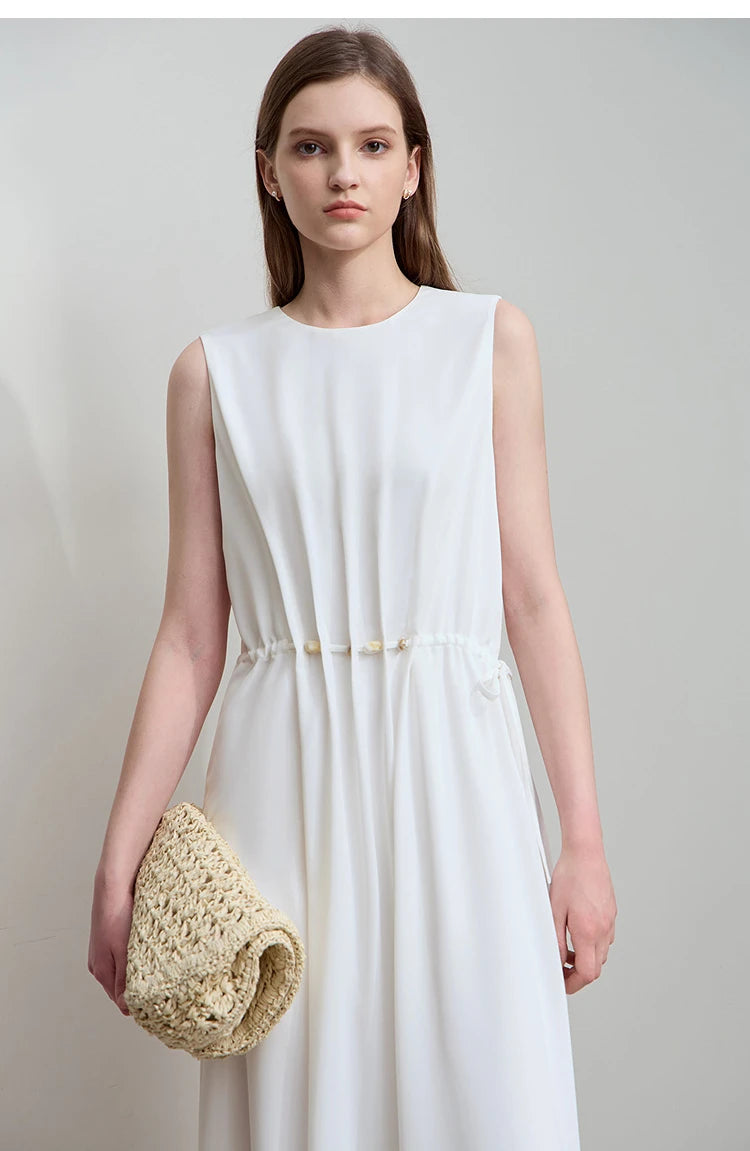 Minimalism Dresses 2025 Summer Vocation Women Loose Long Dresse Sleeveless High Waist Design Bead Drawstring Dress 12542177
