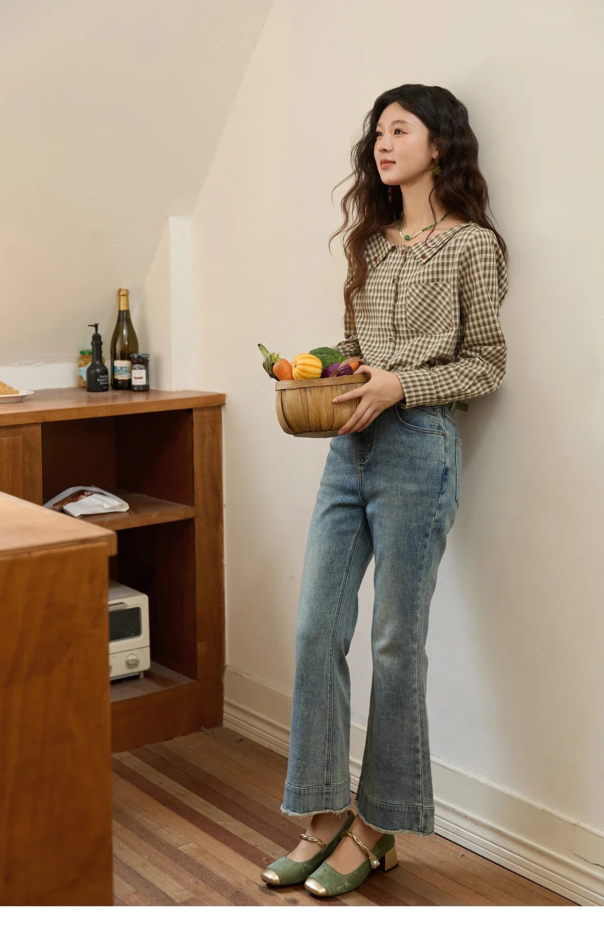 Women's Casual Shirts Cotton Autumn Side Slit Pockets Plaid Shirts Commute  Elegant Chic Woman Top with Belt MXE44X2469