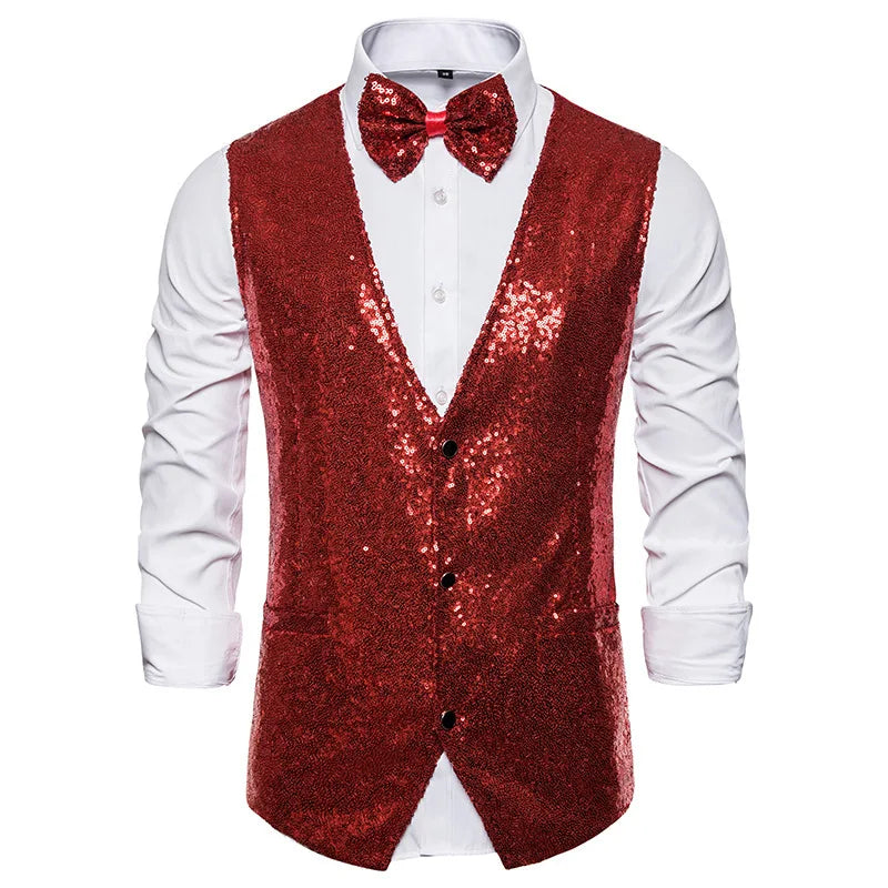 2026 Men's Shiny Gold Sequin Glitter Embellished Blazer Waistcoat Night Club Blazer Wedding Party Waistcoat Stage Singers Vest