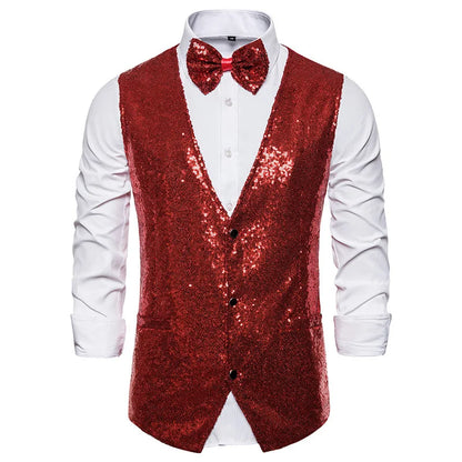 2026 Men's Shiny Gold Sequin Glitter Embellished Blazer Waistcoat Night Club Blazer Wedding Party Waistcoat Stage Singers Vest