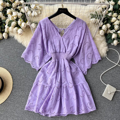 White/Purple/Blue V Neck Summer New Lace Embroidery Dress Women Short Sleeves Dresses Female Vintage Party Beach Midi Dresses