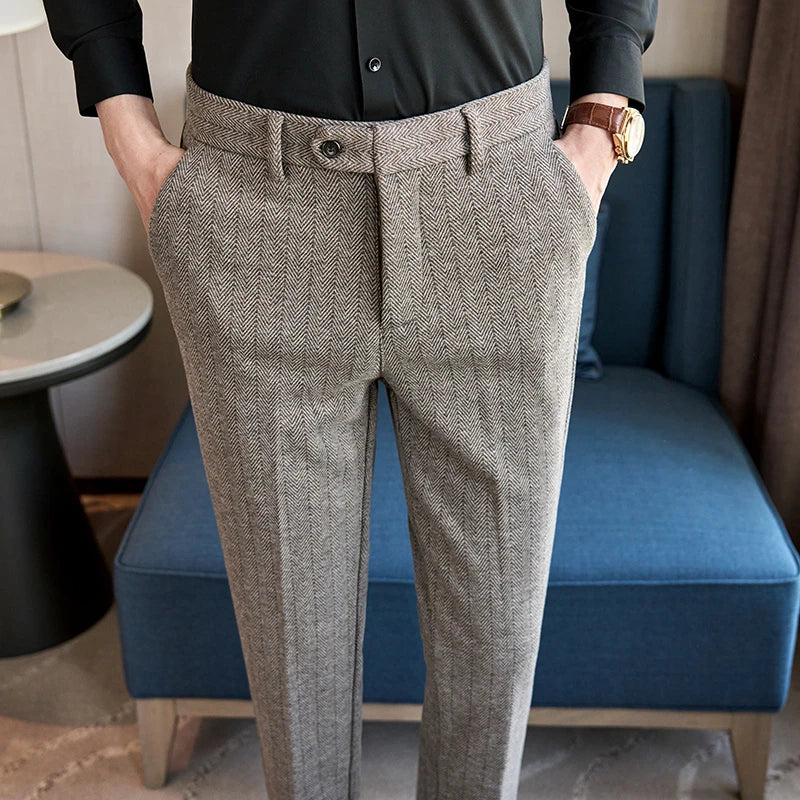 2025 Autumn Winter New Stripe Woolen Cloth Suit Pants Men Thick Warm Fashion Business Casual Male Straight Formal Trousers
