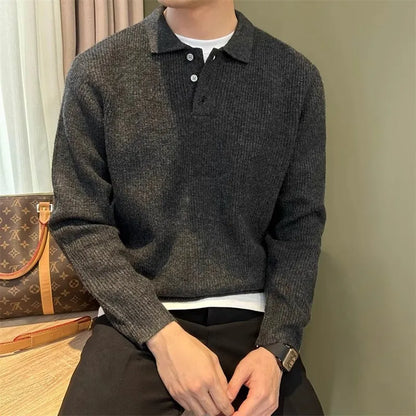 Mens Knit Sweater Autumn Winter Pullover Korean Soft Heavyweight Knit Polo Sweaters Minimalist Long Sleeve Solid Casual Top