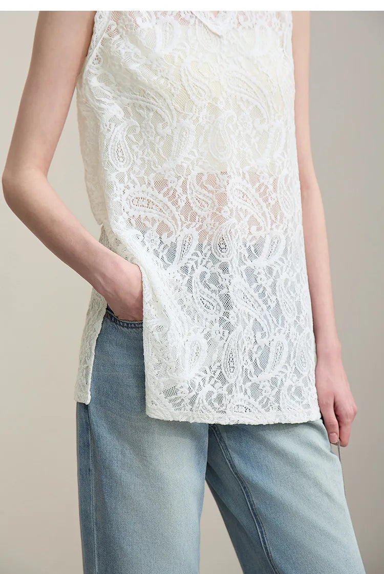 Women's Camisole 2026 Summer New V-Neck Paisley Lace Tank Tops Loose Lightweight Sheer Female Sleeveless Shirt 12652017
