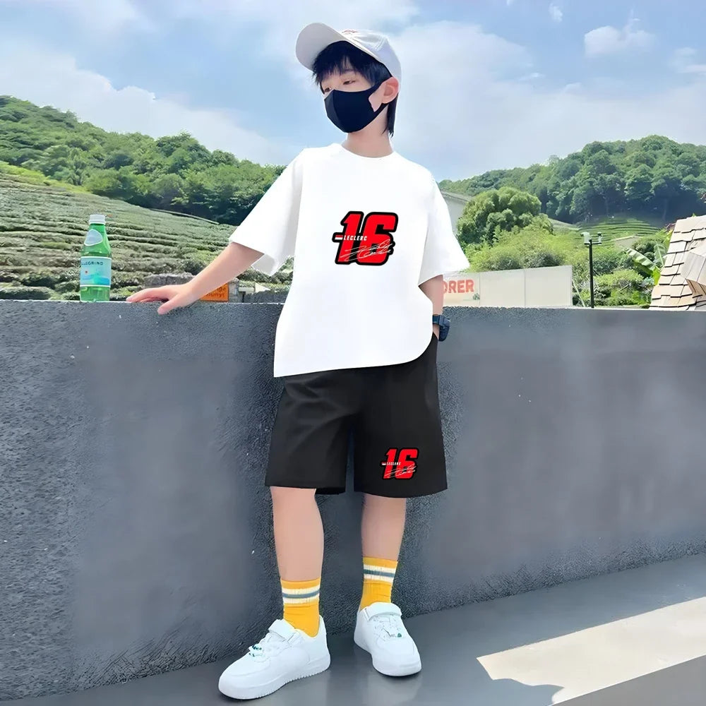 Summer Kids T-Shirt White Round Neck Tops+Shorts Boy Girl Charles Leclerc Racing Car No. 16 Clothing Sets Casual Cool Tees