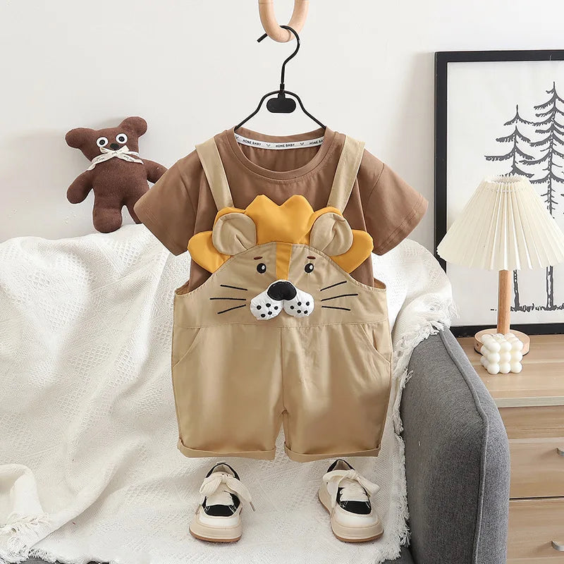 New Toddler Summer Baby Boys/Girls Clothes Children Solid T-Shirt+Cartoon Lion Bib Pants 2Pcs/Set Infant Kids Fashion Tracksuits