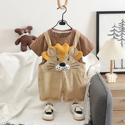 New Toddler Summer Baby Boys/Girls Clothes Children Solid T-Shirt+Cartoon Lion Bib Pants 2Pcs/Set Infant Kids Fashion Tracksuits