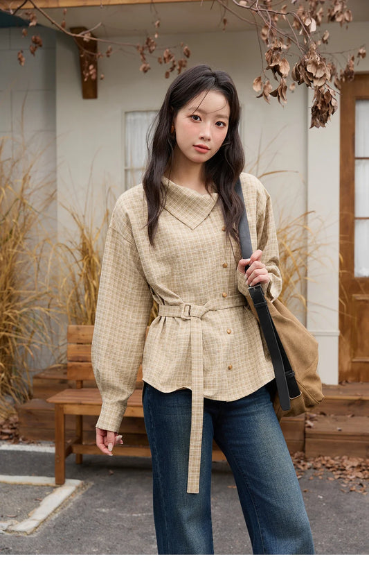 Women Casual Shirt 2025 Autumn Winter Fashion Belt Design Asymmetrical Retro Long Sleeves Shirt Women Clothes MXE88C2417