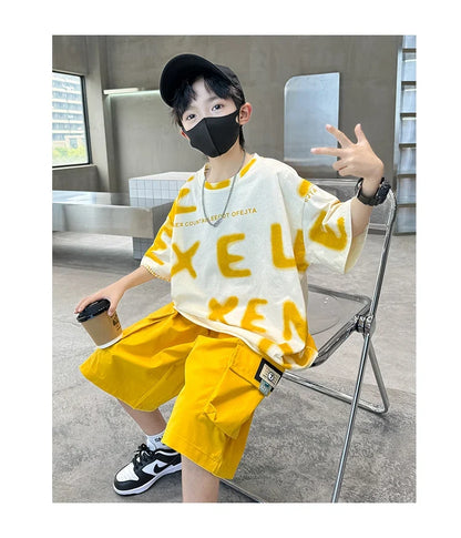 New Fashion Tween Boys Summer Sets Clothing Kids Cotton T-shirt Shorts 2 Pieces Tracksuit Age 5 6 7 8 9 10 11 12 13 14 Years Old