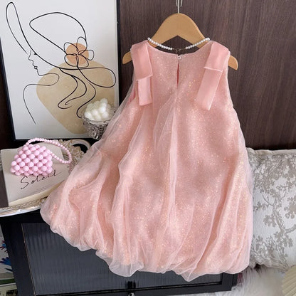 Summer New Girls' Sequined Lace Bow Bubble Princess Dress Korean Version Fashionable Solid Color Kids Clothes 2-7 Years Old