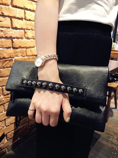 Folding design women Clutch Fashion rivets PU Leather Ladies Crossbody Bag chain Female Shoulder bag Clutches black wallet