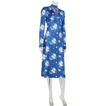 Printes Dresses For Women Fashion Sexy Streetwear Regular V-Neck Full Sleeves Bodycone Mid Vestidos Robes Female Casual Slim Fit