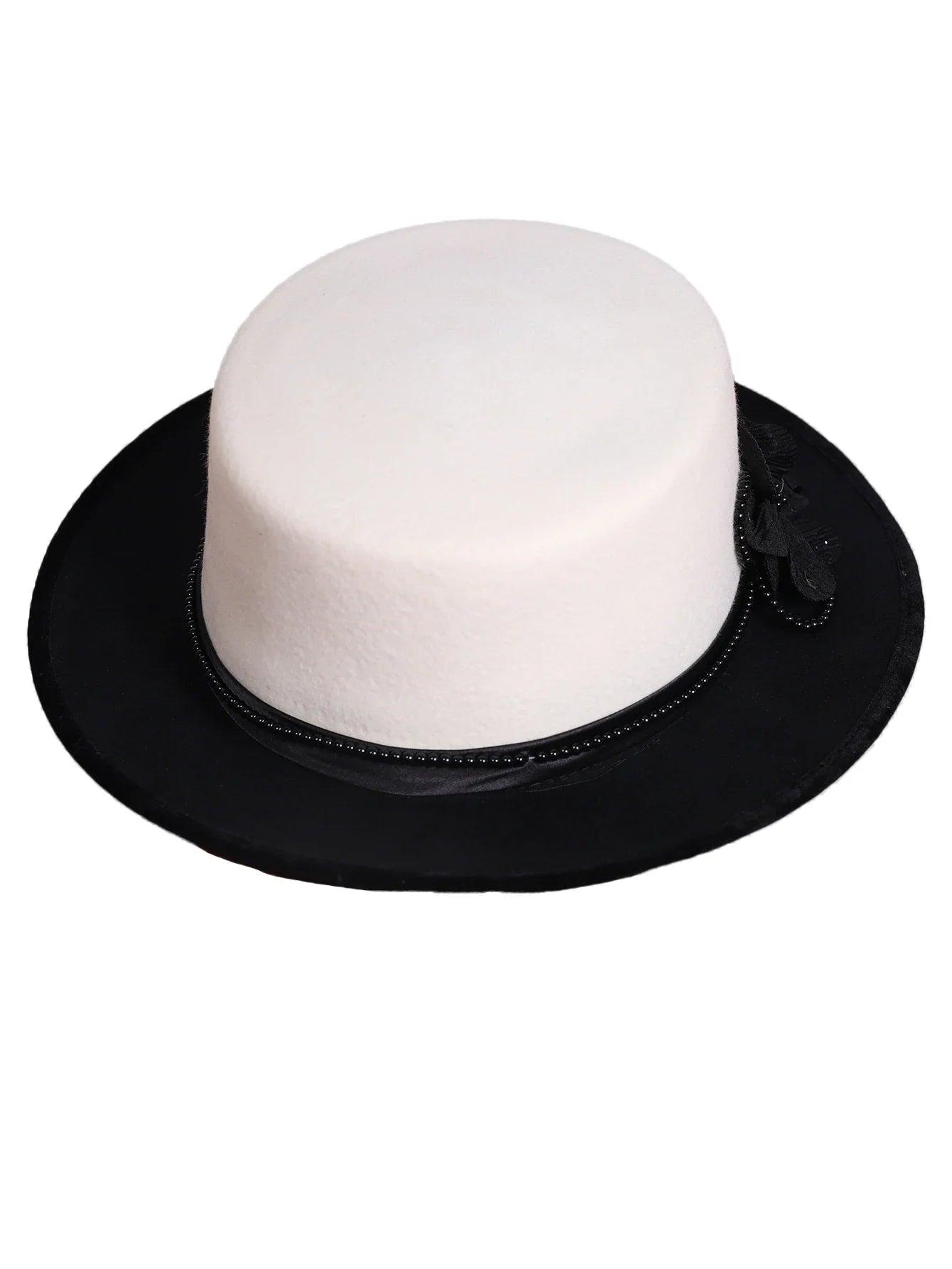 Women's Black/White Flat Top Wool Felt Fedora Hat with Flower Faux Pearl Detail Winter Dress Cap Stylish French Millinery