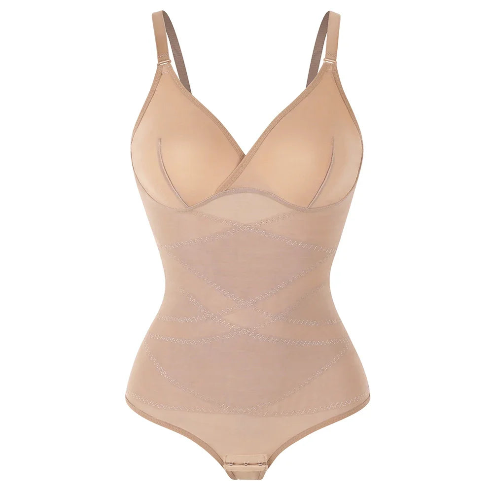 Cross Waist Tummy Control Body Shaping Bodysuit for Women Full Body Control V-Neck Mesh Breathable Briefs Underwear Butt Lifter