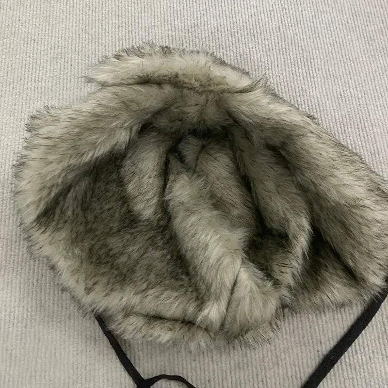 Y2K Star Patch Wool Like Lined Lei Feng Hat Unisex Black Autumn Winter Warm Ear Protection Trapper Hat for Outdoor Activities