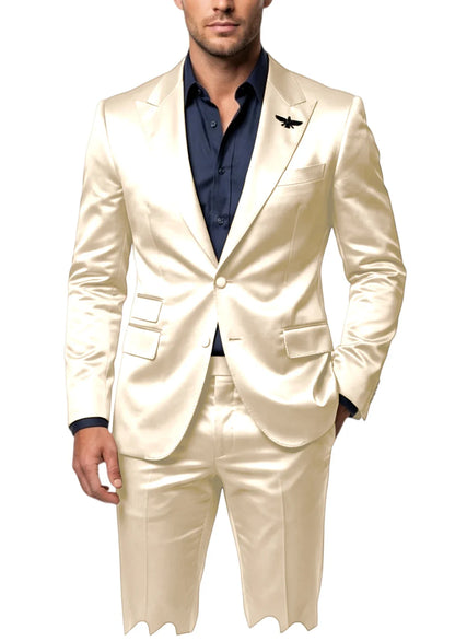 Men's Satin 2-Piece Suit Set Slim Fit Peak Lapel Tuxedo Blazer With Straight Leg Pants For Wedding Party Formal Wear