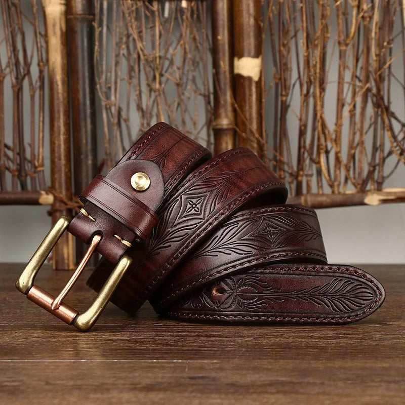 3.8CM Pure Cowhide Genuine Leather Retro Fashion Personality Embossed Belts for Men Luxury Brand Design Male Copper Buckle Belts