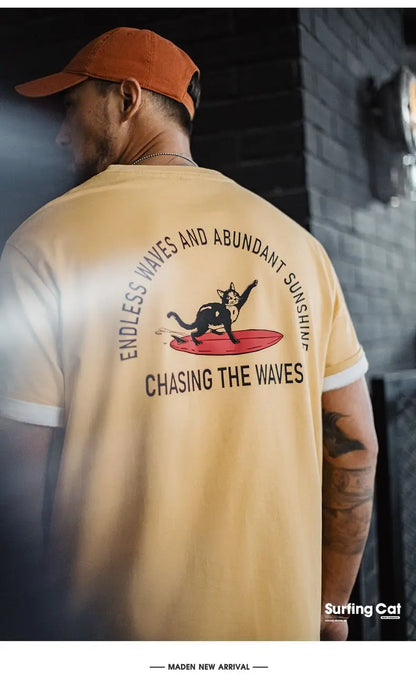 Vintage Foam Print Short Sleeves T-Shirt Men's Summer Heavyweight Yellow Cotton Tee Loose Fit Crew Neck Casual Street Tops