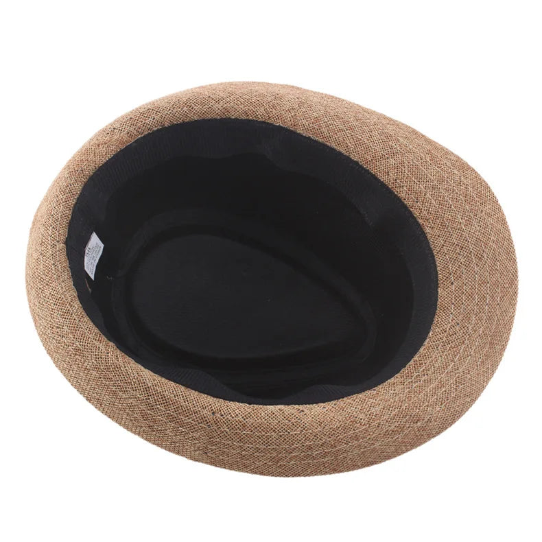 Middle Aged Linen Curled Jazz Hat Summer British Retro Top Hat Outdoor Plain Solid Linen Sun Visor Hat Party Fedoras Cap