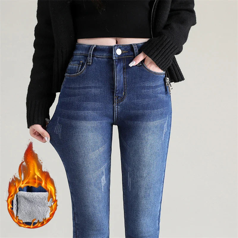 2023 Fashion Women Stretch High Waist Pencil Pants Casual Female Velvet Jeans High Quality Fleece Mom Jeans Thick Plush Pants