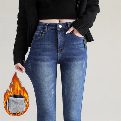 2023 Fashion Women Stretch High Waist Pencil Pants Casual Female Velvet Jeans High Quality Fleece Mom Jeans Thick Plush Pants