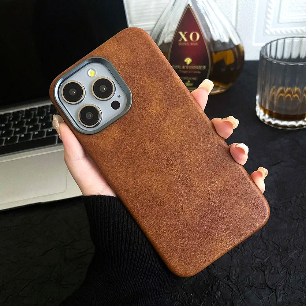 Premium Vintage Leather Magnetic Phone Case for IPhone 16 14 13 15 Pro Max Wireless Charging Alloy Camera Shockproof Back Cover