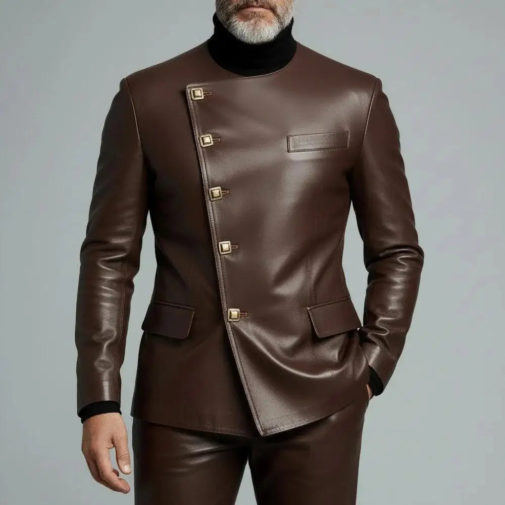 Luxury PU Men's Suits Fashion Single Breasted Round Neck Slim Fit Leather Jacket High Quality Business Male Clothing