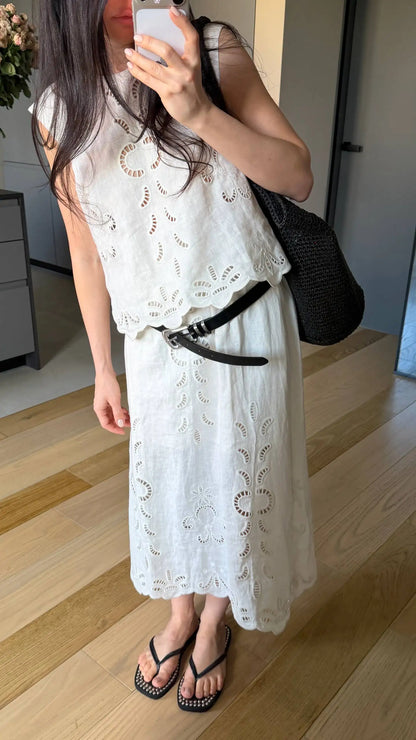 Summer Women Linen Two Piece Set Cut-Out Embroidered Sleeveless Top Midi Skirt Boho Beach Vacation Style