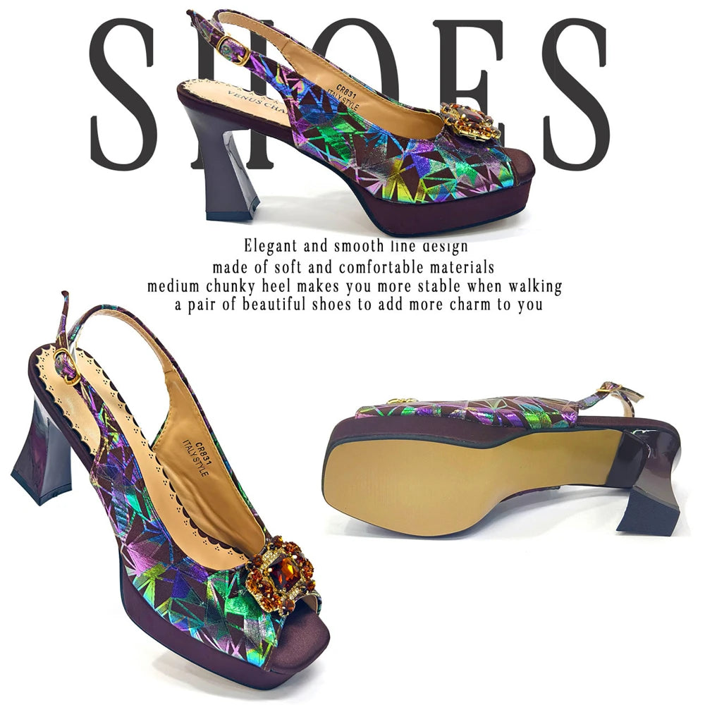 2025 Elegant Peep-Toe Heels for Women - Perfect Italian Party Shoes & Bag Set with Sparkling Diamond Accents