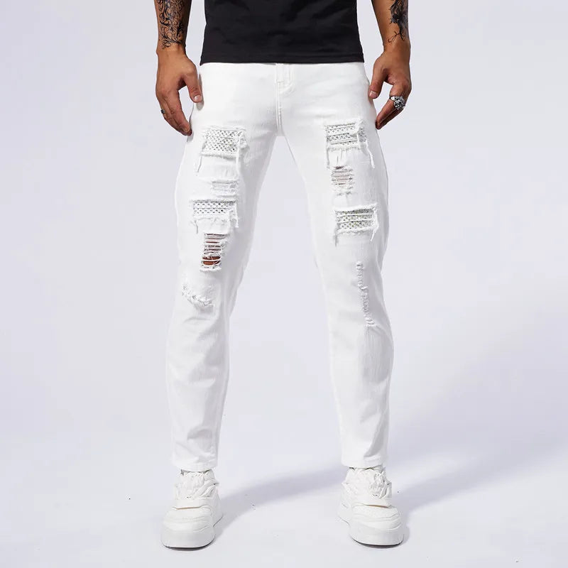 White Jeans Men's Cotton Skinny Elastic Ripped Hole Fashion Korean Denim Pants Rock Slim Trousers Hip-hop Streetwear