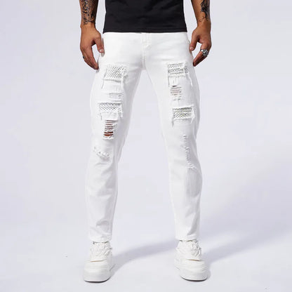 White Jeans Men's Cotton Skinny Elastic Ripped Hole Fashion Korean Denim Pants Rock Slim Trousers Hip-hop Streetwear