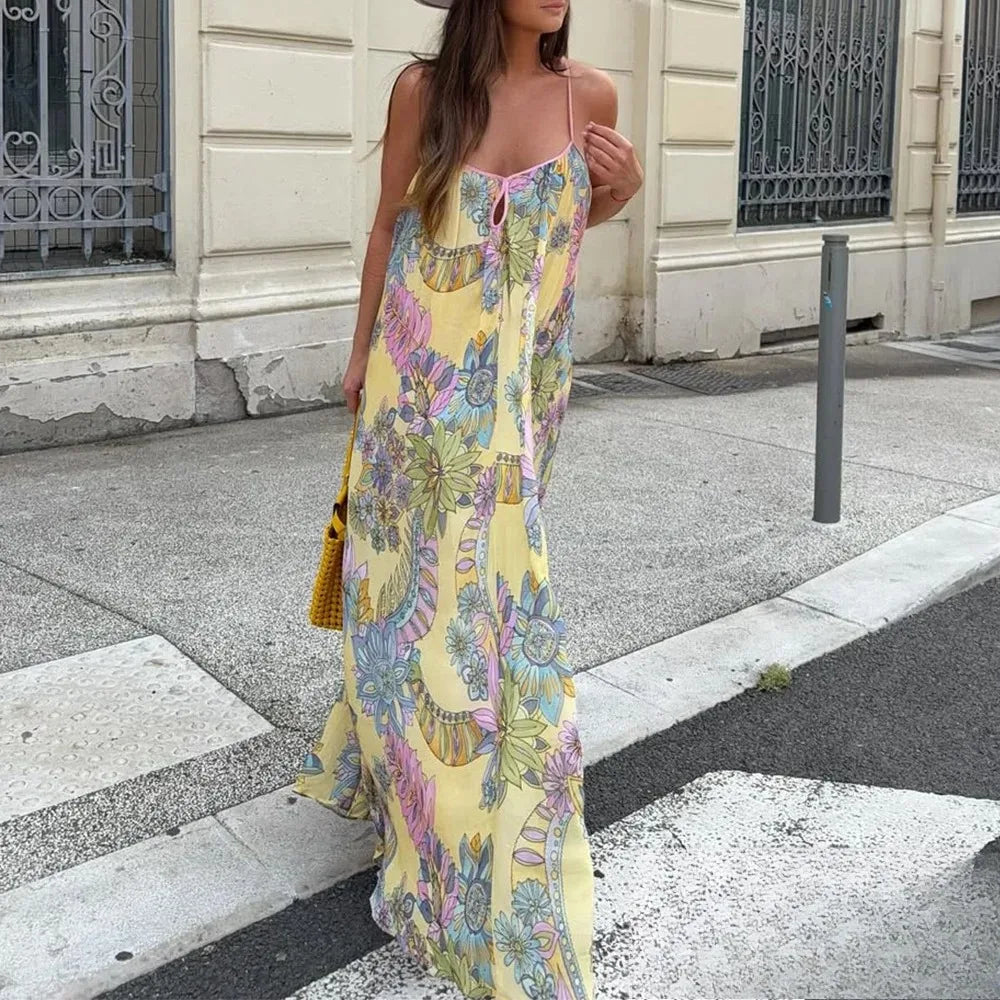 Sexy Floral Print Chiffon Print Loose Dress Women Cami Loose Beach Dress Fashion 2025 Summer Backless Female Dress