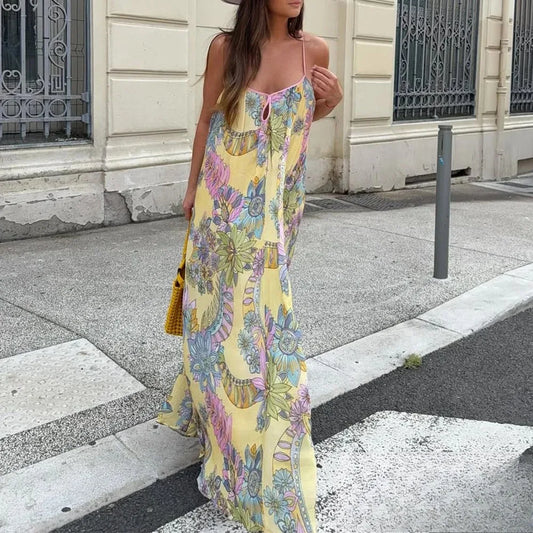 Sexy Floral Print Chiffon Print Loose Dress Women Cami Loose Beach Dress Fashion 2025 Summer Backless Female Dress