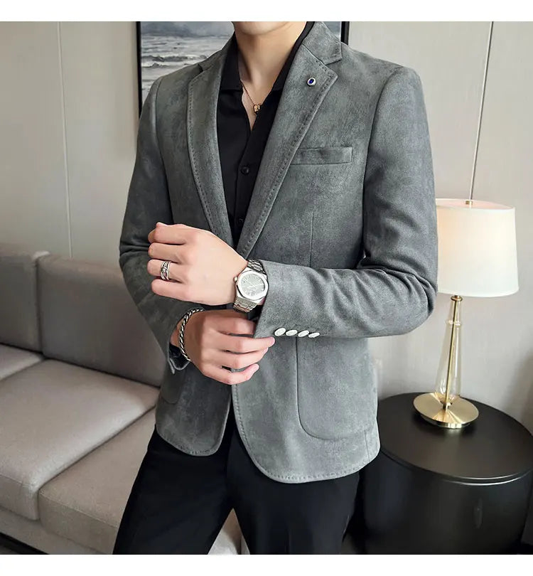 High-quality, fashionable men's stylish, versatile and trendy Korean-style slimming suede business casual suit