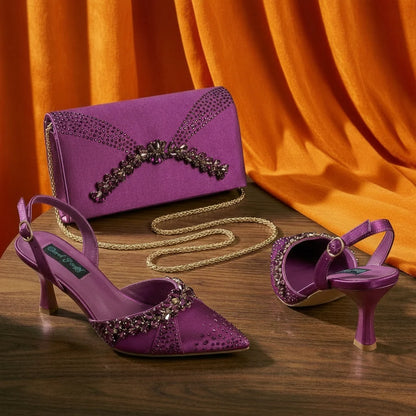 2026 Italian Inspired Gold Rhinestone HAND CRAFTED UPPER Pointed Toe Women High Heels Shoes and Bag Set Elegant Party Shoes