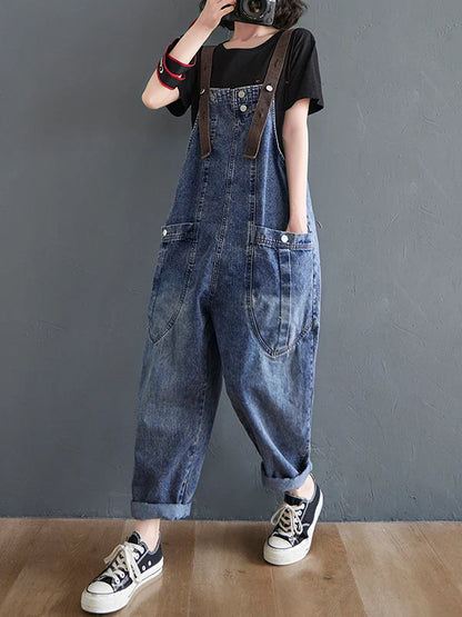 Anti-Aging High Waist Loose Women's Denim Overalls Korean Sle Summer Faion Thinming Harem Nine-Piece Pants