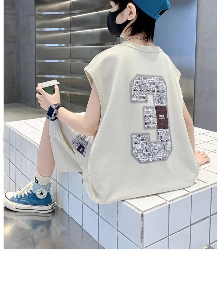 Summer Boys Loose Sleeveless Printed T-Shirt Tops+Shorts Pant School Kids 2PCS Tracksuit Child Outfit Student Workout Set 5-16Yr