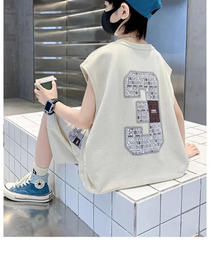 Summer Boys Loose Sleeveless Printed T-Shirt Tops+Shorts Pant School Kids 2PCS Tracksuit Child Outfit Student Workout Set 5-16Yr
