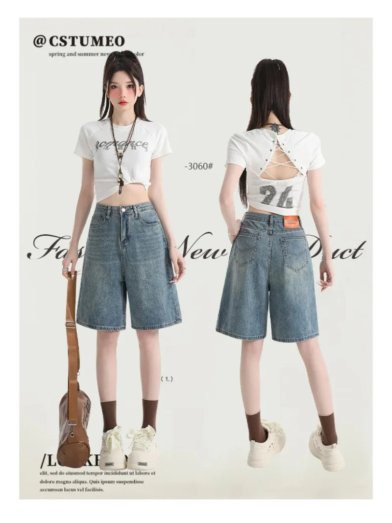 Women's High Waist Wide Leg  Y2K American Retro Washed Five-Point Denim Shorts Summer Loose Slim Straight Cut Mid-Length Pants