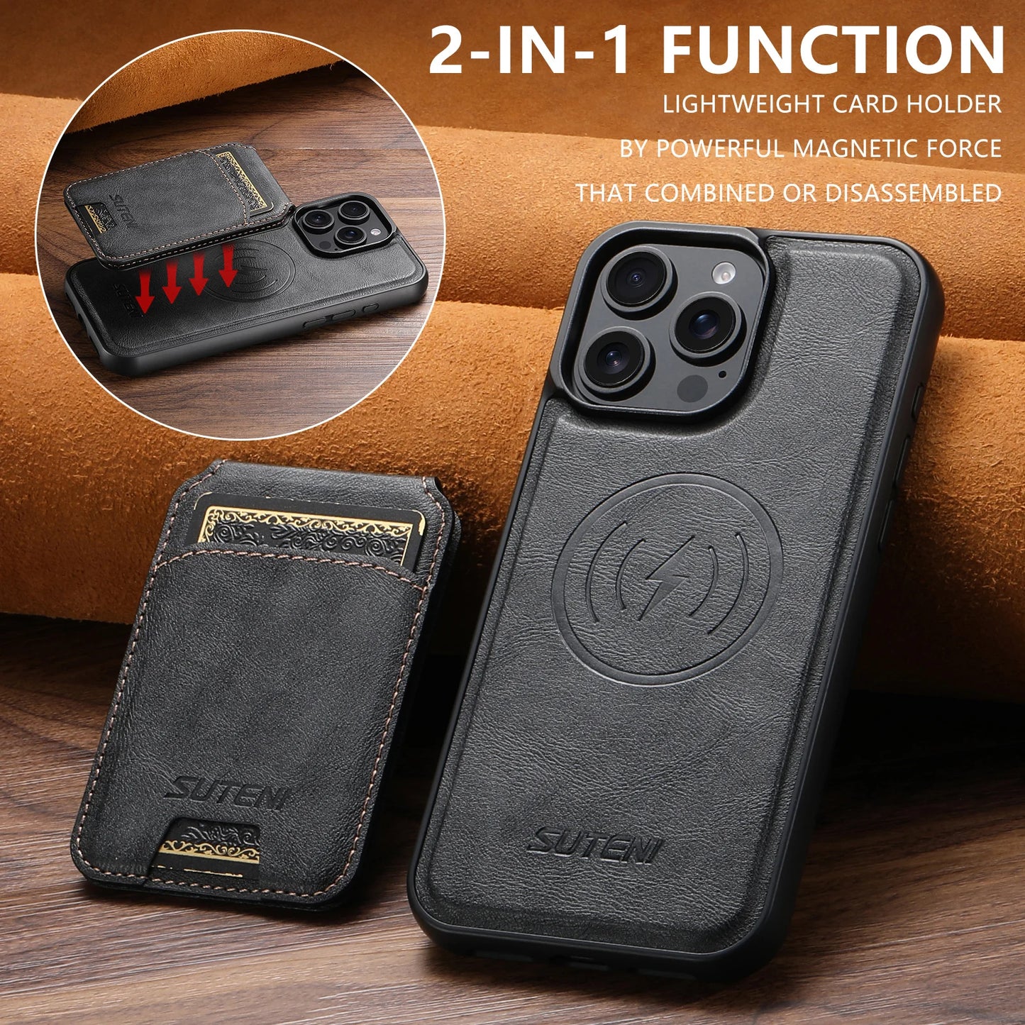 Wireless Charging Magnet PU Leather Phone Case Card Holder Stand For iPhone 17 Pro Max 16 Plus 15 Pro 13 12