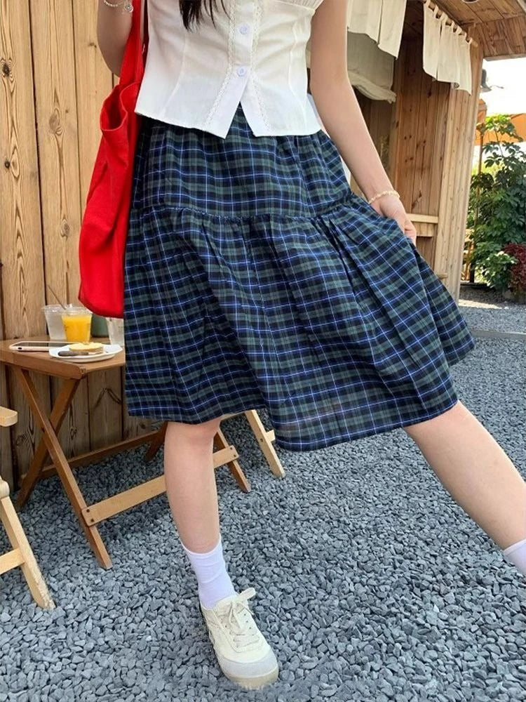 Sweet Vintage Plaid Striped Print Skirt Women High Waist Pleated Korean Style Skirt Korean Fashion Cute Skirt Woman