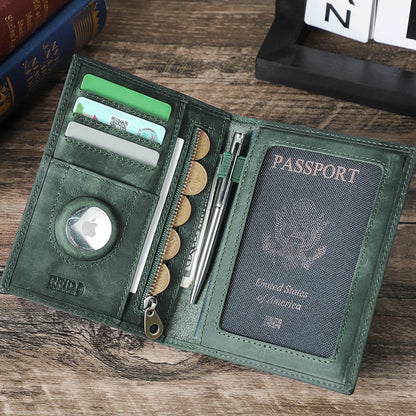 Genuine Leather Passport Wallet Card Holder Coin Purse AirTag Slot Men Travel Wallet Women‘s Purse Passport Cover Bag