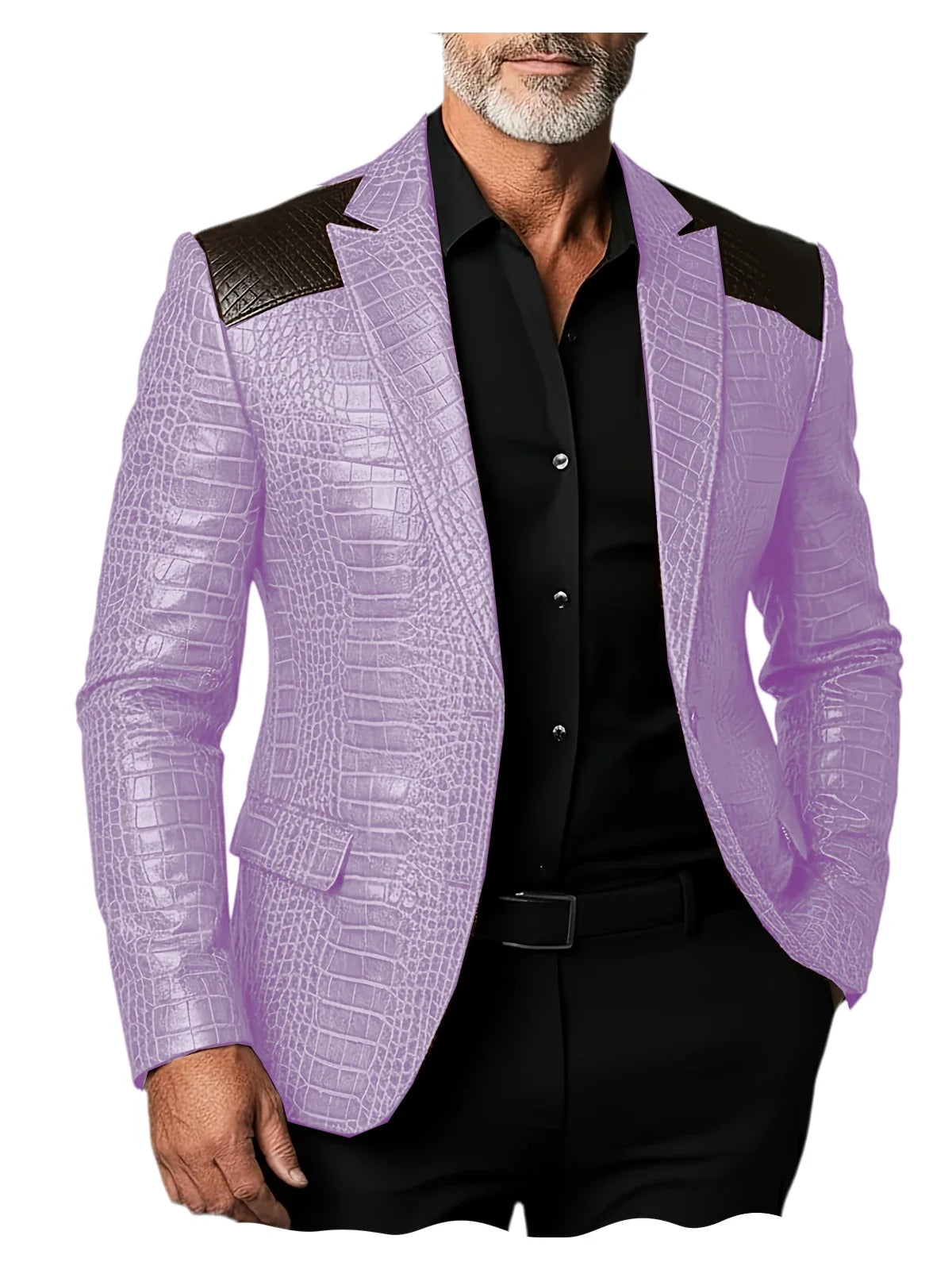 Men's Crocodile Pattern Leather Blazer Patchwork PU Leather Suit Jacket Notched Lapel Slim Fit Business Casual Coat Outerwear