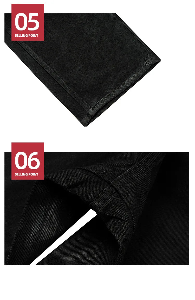 Men's Jeans Cotton Denim Casual Straight Leg Brush Wax Coating Black Pants ZJ086