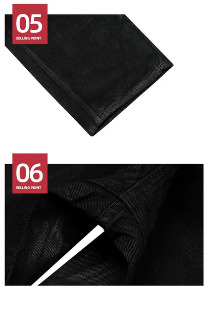Men's Jeans Cotton Denim Casual Straight Leg Brush Wax Coating Black Pants ZJ086
