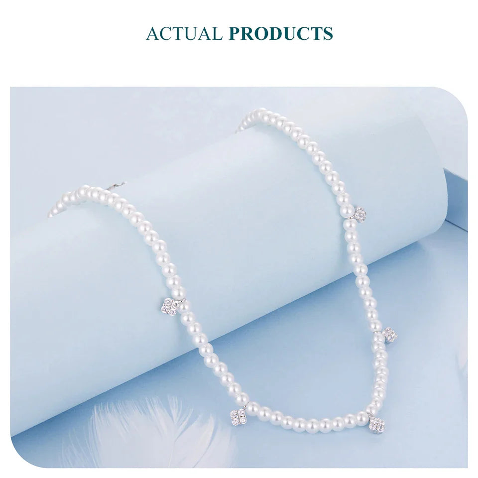 925 Sterling Silver Stackable Full Pearl Necklace Lucky Four-Leaf Clover Beads Strand Necklace for Elegant Women Gift