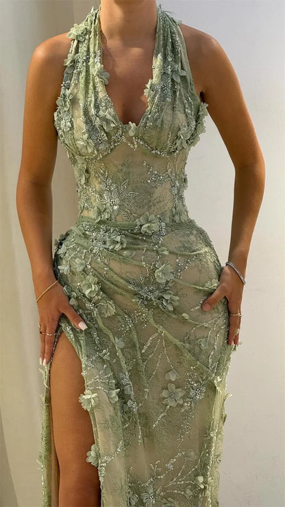 Dubai Custom Flower Embroidery Prom Dress Halter Neck  Vestidos de noche High Side Slite Formal evening events dress